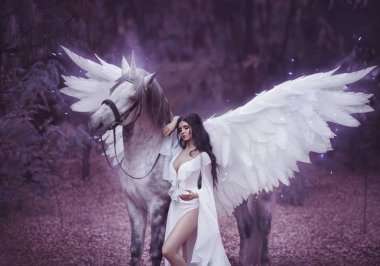 Güzel, genç bir elf, bir unicorn ile yürüme. O inanılmaz bir ışık, beyaz elbise giymiş. Sanat hotography