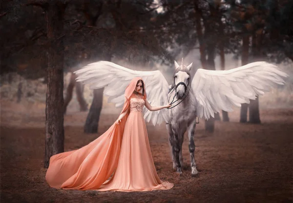 Hermoso, joven elfo, caminando con un unicornio. Lleva un vestido blanco y ligero increíble. Hotografía artística —  Fotos de Stock