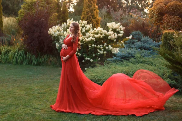Elegant Pregnant Woman Walks Beautiful Garden Luxurious Expensive Red Dress — Stock Photo, Image