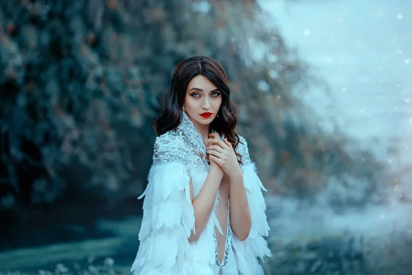 Aantrekkelijke mooie vrouw in een witte cape met zilver en veren. De zachte sneeuwkoningin. Portret van een luxe brunette, retro stijl kapsel koude golf. Grote blauwe ogen en rode lippen. Zachte make-up — Stockfoto