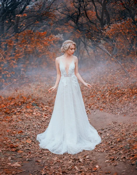 Braut in einem weißen, luxuriösen, modernen, langen Kleid mit verführerischem Ausschnitt. Tüll und Spitze. elegante Sammelfrisur mit Dekoration, silberner Diademzweig. Herbstwald rote Blätter von Bäumen, blauer Nebel — Stockfoto
