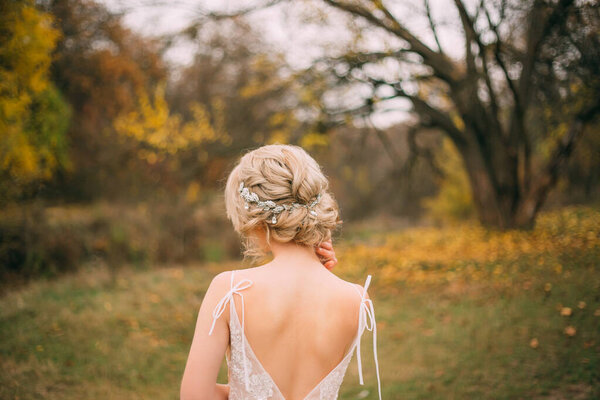 Beauty fashionable elegant collected high hairstyle. modest beautiful,attractive blonde enjoys fantasy nature, autumn weather. Vintage diadem. Mysterious queen from back without a face. pastel colors