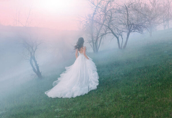 Amazing Queen running through the hills in the fog sunset dawn. Luxurious, gorgeous white gown with a bare back. A train and loose hair waving in the wind. Runaway bride from wedding. Creative colors