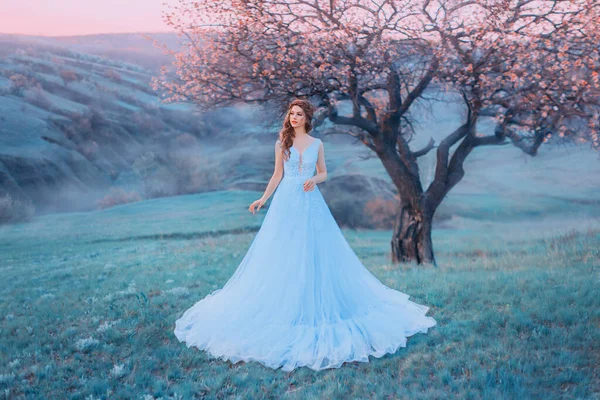 Ongelooflijk vrouw staat in de achtergrond van een berg landschap in een blauwe jurk — Stockfoto