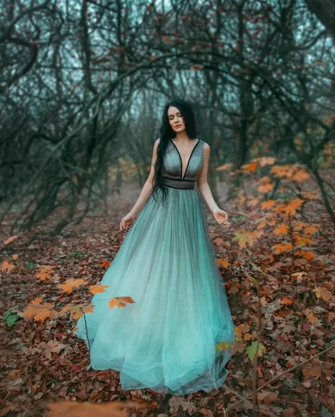 Femme brune aux cheveux longs se promène dans la forêt d'automne de novembre. Arrière-plan arbres nus noirs et feuilles orange déchues. Reine aime la nature. Robe royale de luxe bouffie turquoise. Graduation Party Image — Photo