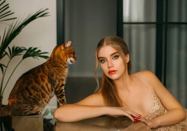 Portrait of attractive cute pretty young blonde girl with bengal cat. Beautiful girl looking at camera, elegant hairstyle delicate golden makeup blue eyes. Background white room scandinavian interior — Stock Photo, Image