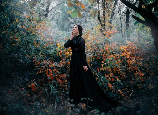 Beleza princesa gótica caminha na floresta de outono. Fantasia mística fundo escuro . — Fotografia de Stock