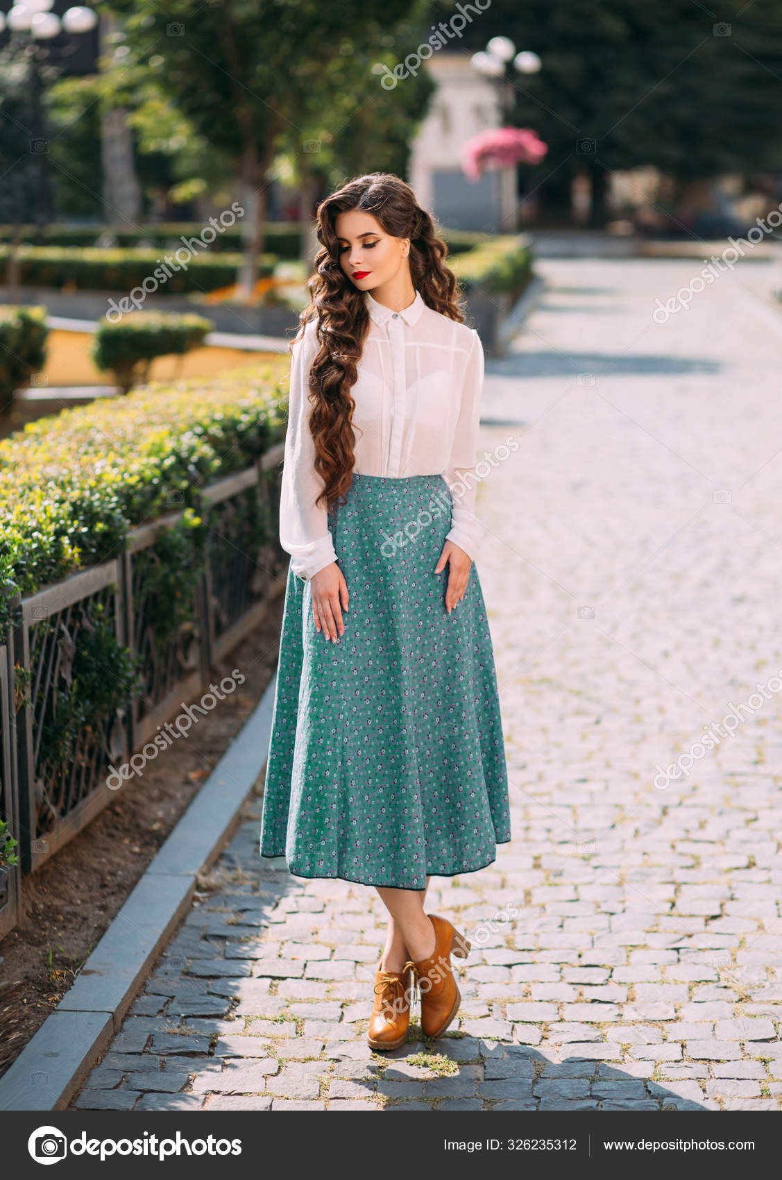 Portrait brunette Parisian woman long healthy hair. hairstyle curls waves Hollywood retro style. White vintage silk blouse mint midi elegance skirt. urban sunny day green street trees. outfit stylish Stock Photo by © Portrait brunette Parisian woman long healthy hair. hairstyle curls waves Hollywood retro style. White vintage silk blouse mint midi elegance skirt. urban sunny day green street trees. outfit stylish Stock Photo by ©