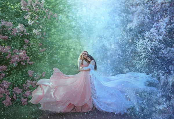 Concept of change season winter and spring meet. Stylish luxury vintage design gown long train flutters. Two women blonde and brunette hugging. Idea inspiration family photoshoot. Fabulous snow nature — 스톡 사진