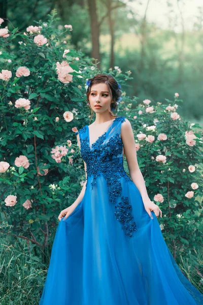 Schattig gezicht koningin bloesem wilde roos bush. Hou je handen vast. Mysterieus sprookjesbos. lange blauwe avond fashion outfit kant. Elegant kapsel bloemen haar. zomer lente bruiloft bruid bal evenement kunst — Stockfoto