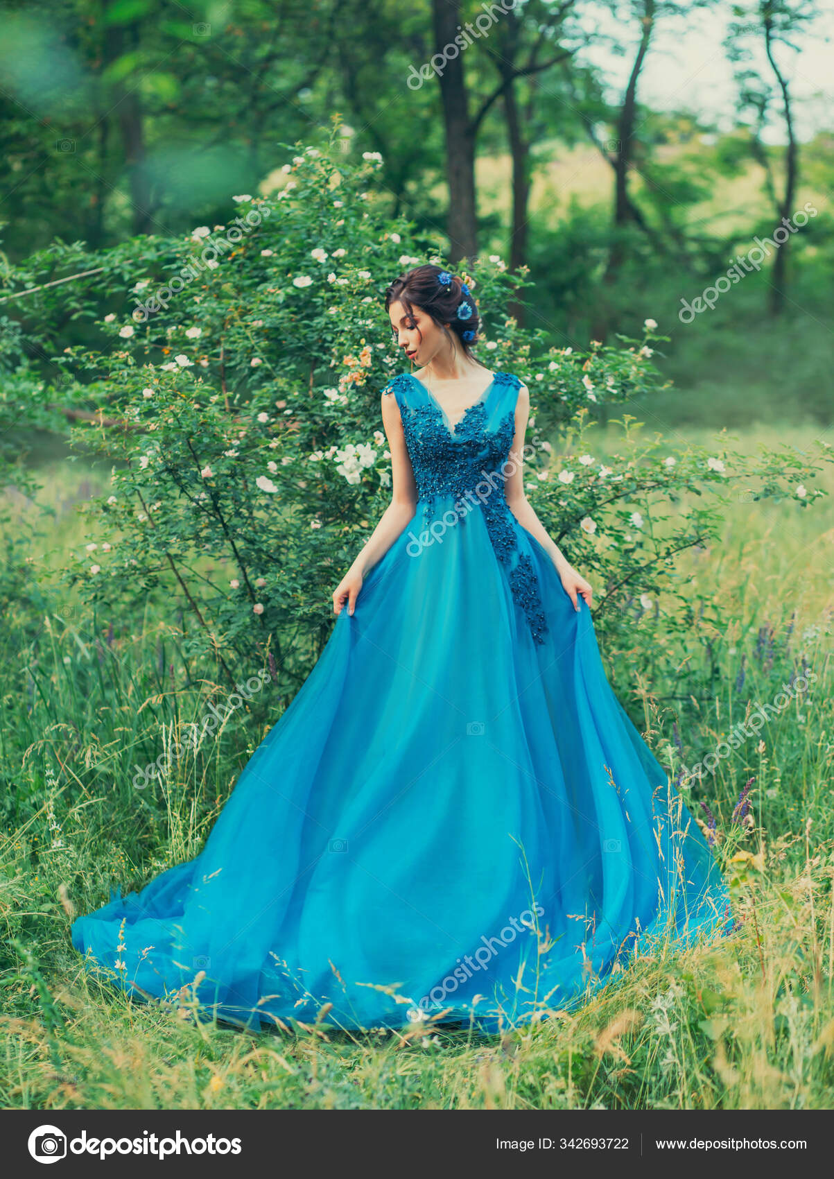 Mysterious girl holds dress both hands. green forest. shrub white flowers blue puffy lace evening dress. hair decorated with cornflowers. Elegant brunette hairstyle. summer spring. holiday ball. art Stock Photo by © Mysterious girl holds dress both hands. green forest. shrub white flowers blue puffy lace evening dress. hair decorated with cornflowers. Elegant brunette hairstyle. summer spring. holiday ball. art Stock Photo by ©