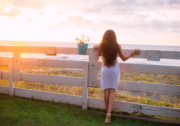 Vista posterior morena Chica de lujo pelo largo, vestido sexy transparente. Fondo soleado amarillo brillante puesta del sol valla de madera. Vacaciones en el mar. turista disfrutar del sol brillante verano. arte fantasía naturaleza Georgia — Foto de Stock