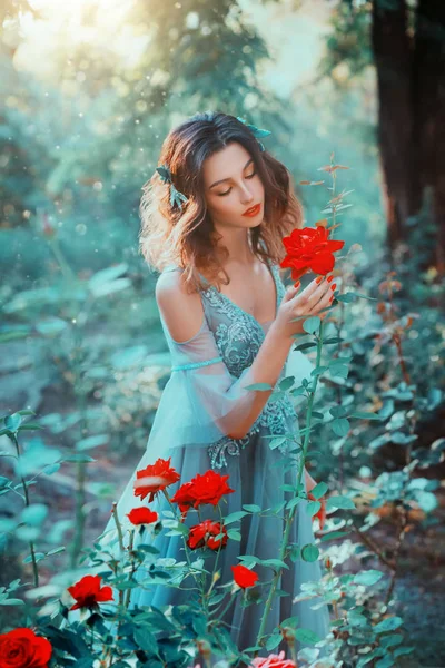 Prinzessin genießt sonnige Natur, Stille Harmonie Augen geschlossen, hält Berührung rote Rose. Frisur verzierte Blätter, lockeres Haar. Fee im langen sexy luftigen blauen Kleid mit Spitze. Hintergrund Sommer Waldbäume, Büsche — Stockfoto