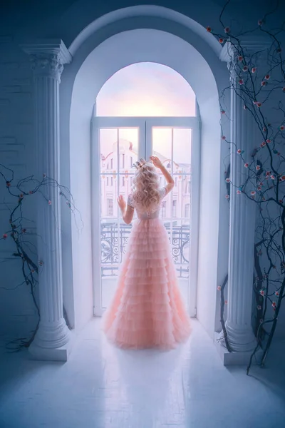 Sad princess looking window staying home. Queen lady enjoy evening sunset. concept freedom. long blonde hair. Pink vintage full dress white classic interior room. Silhouette woman turned away back — Stock Photo, Image