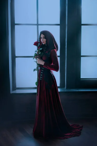 Krásná žena stojí u nočního okna. Středověká tajemná královna drží v rukou růže. Dlouhá červená kapuce. Gotický pokoj. Karneval maškarní halloween kostým. Temná dáma čarodějnice královské zlo spiknutí — Stock fotografie