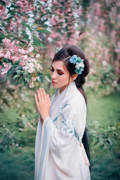 Güzel bir kadın kutsal güzellikte dua eder baharda çiçek açan sakura bahçesinde. Dua etmek için eller bağlandı. Asyalı kız saç stili uzun siyah saç dekorasyonu çiçekler matsuba kanzashi. Ulusal Çin kostümü — Stok fotoğraf