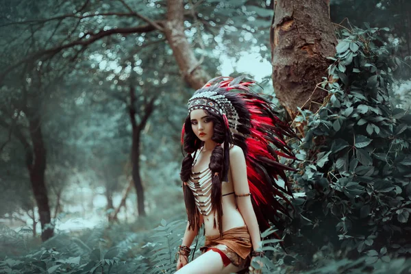 Arte estilo americano nativo. Menina retrato belo rosto maquiagem criativa. Mulher indiana modelo de moda posando. vestido tradicional etnia traje pluma penas baratas acessórios cabeça. natureza floresta tropical — Fotografia de Stock