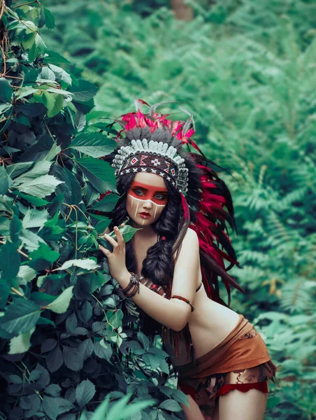 Portrait-Mädchen schönes Gesicht Kunst indianischen kreativen Krieger Kampf Make-up. Indische Jägerin traditionelles Leder sexy Kleid ethnische Tracht rote Feder Kakerlakenfedern schwarze Kopfbedeckung. Naturbaum — Stockfoto