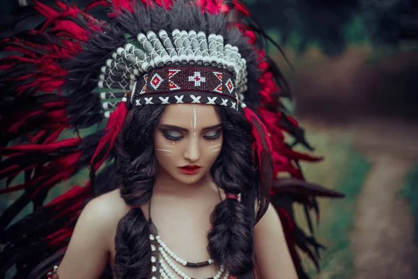 Retrato chica hermosa cara arte nativo americano creativo guerrero combate maquillaje. Mujer india cazador de cuero tradicional vestido sexy traje étnico pluma roja plumas de cucaracha tocado negro. árbol de naturaleza — Foto de Stock