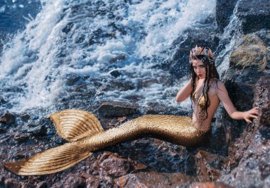 Fantasy woman real mermaid myth goddess of sea. Art goldfish creative costume ocean siren sexy body spa relaxation. mystic spirit of lake river floats swimming in water. sunset nature Magic sun light  clipart