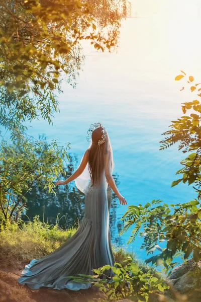 Fotografia arte fantasia. Rainha mulher fica na margem do lago do rio. pôr-do-sol luz do sol verão. moda modelo cinza vintage vestido longo silhueta sereia coroa de prata. conceito liberdade divina. Visão traseira traseira — Fotografia de Stock