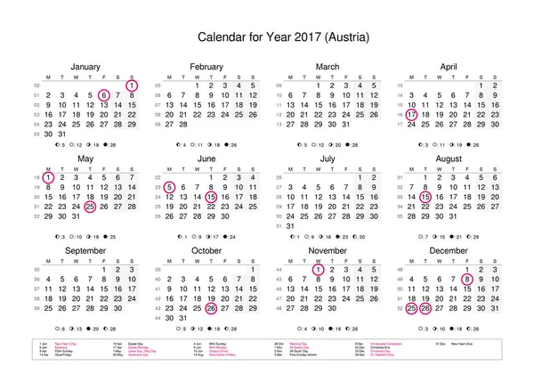 Calendário com feriados marcados para a Áustria — Fotografia de Stock