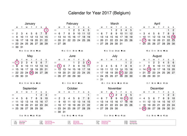 Calendar with marked holidays for Belgium — Stock Photo, Image