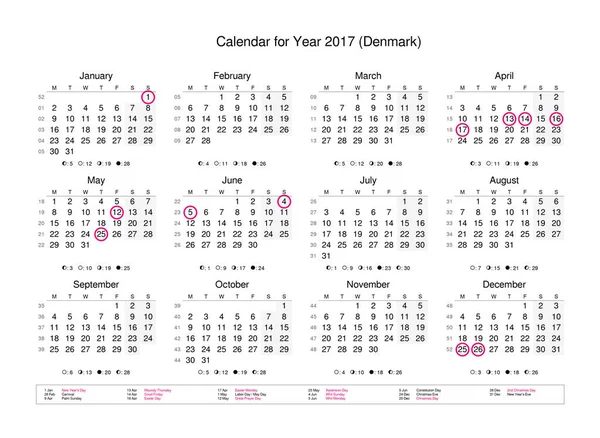 Kalender for året 2017 med helligdage og helligdage - Stock-foto