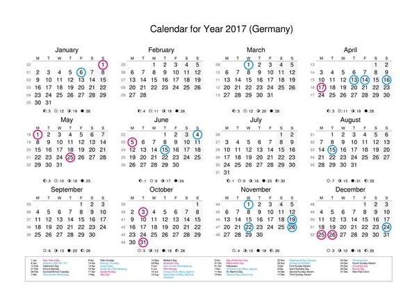 Kalender for året 2017 med helligdage og helligdage - Stock-foto