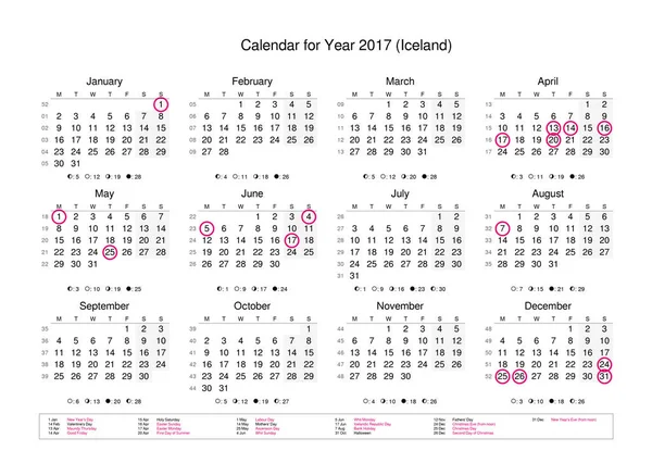 Jahreskalender 2017 mit Feiertagen und Feiertagen — Stockfoto
