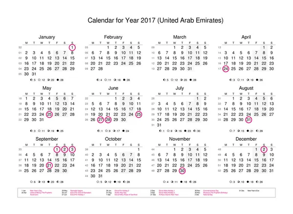 Calendar of year 2017 with public holidays and bank holidays — Stock Photo, Image