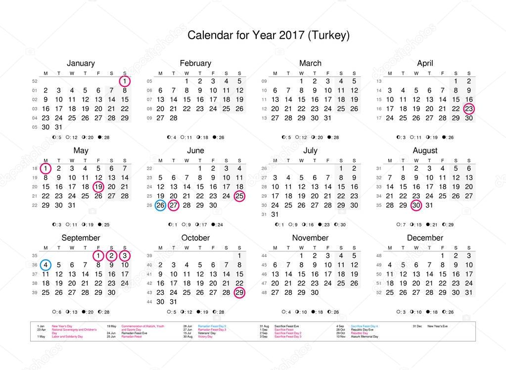 Calendar of year 2017 with public holidays and bank holidays stock