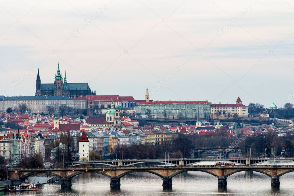 View from the Vysehrad to the castle and river Vltava with bridg