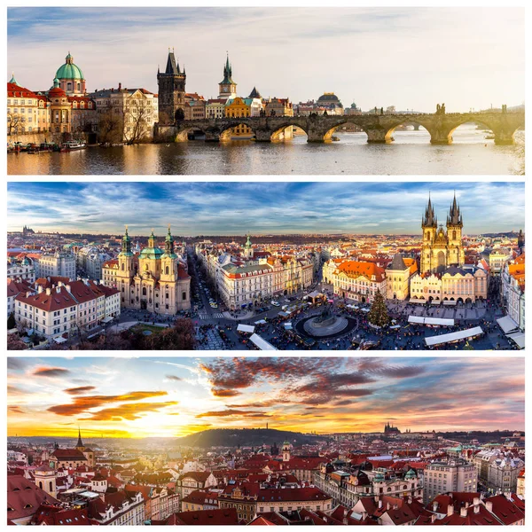 Collage di monumenti di Praga. Ponte Carlo, Cattedrale di San Vito, Orologio Astronomico Orloj, Chiesa di Nostra Signora Tyn nel centro storico di Praga, Repubblica Ceca — Foto Stock