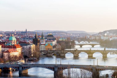 View of the most important bridges in Prague: Charles bridge, Palace bridge, Railway bridge, Legion bridge, Manes bridge, Jirasek bridge. Czechia clipart