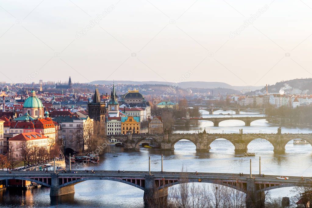 View of the most important bridges in Prague: Charles bridge, Palace bridge, Railway bridge, Legion bridge, Manes bridge, Jirasek bridge. Czechia