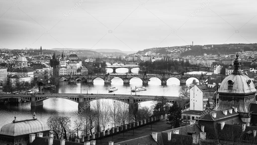 Prague panorama city skyline in black and white and Charles Brid