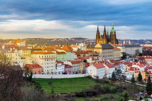 Spring Prague panorama from Prague Hill with Prague Castle, Vlta