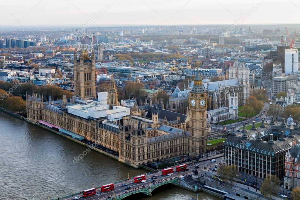 Aerial view of London skyline and the River Thames, UK