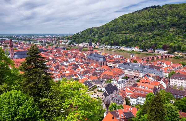 Město Heidelberg s slavného starého mostu a hradu Heidelberg — Stock fotografie