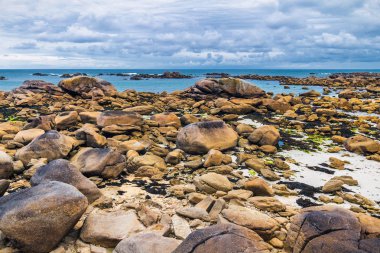 Pembe granit garip şekiller ile Sahil Brittany kayalar. T