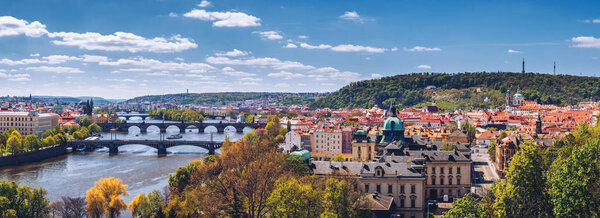 Skyline view panorama of Charles bridge (Karluv Most) with Old Town in Prague. Czech Republic