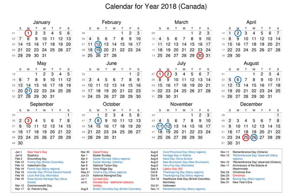 Calendario dell'anno 2018 con giorni festivi e festivi per — Foto Stock