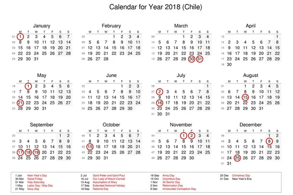 Calendario del año 2018 con días festivos y festivos para — Foto de Stock