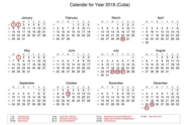 Calendario del año 2018 con días festivos y festivos para — Foto de Stock