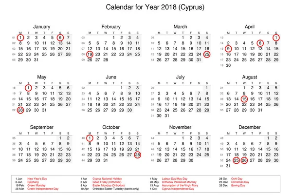 Calendario del año 2018 con días festivos y festivos para — Foto de Stock