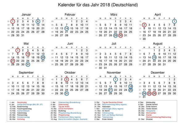 Calendario del año 2018 con días festivos y festivos para — Foto de Stock