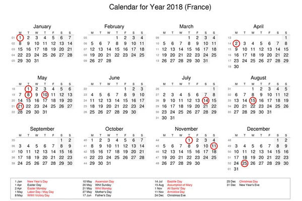 Calendar of year 2018 with public holidays and bank holidays for