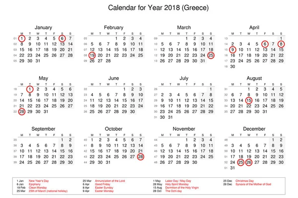 2018年的日历以公众假期和银行假日为 — 图库照片