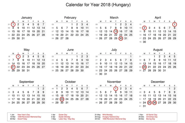 Kalender for år 2018 med helligdage og helligdage til - Stock-foto